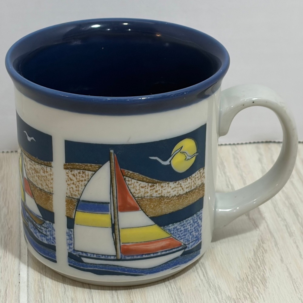 Otagiri Japan Coffee Mug Blue Nautical Sailboat Ocean Graphic Ceramic